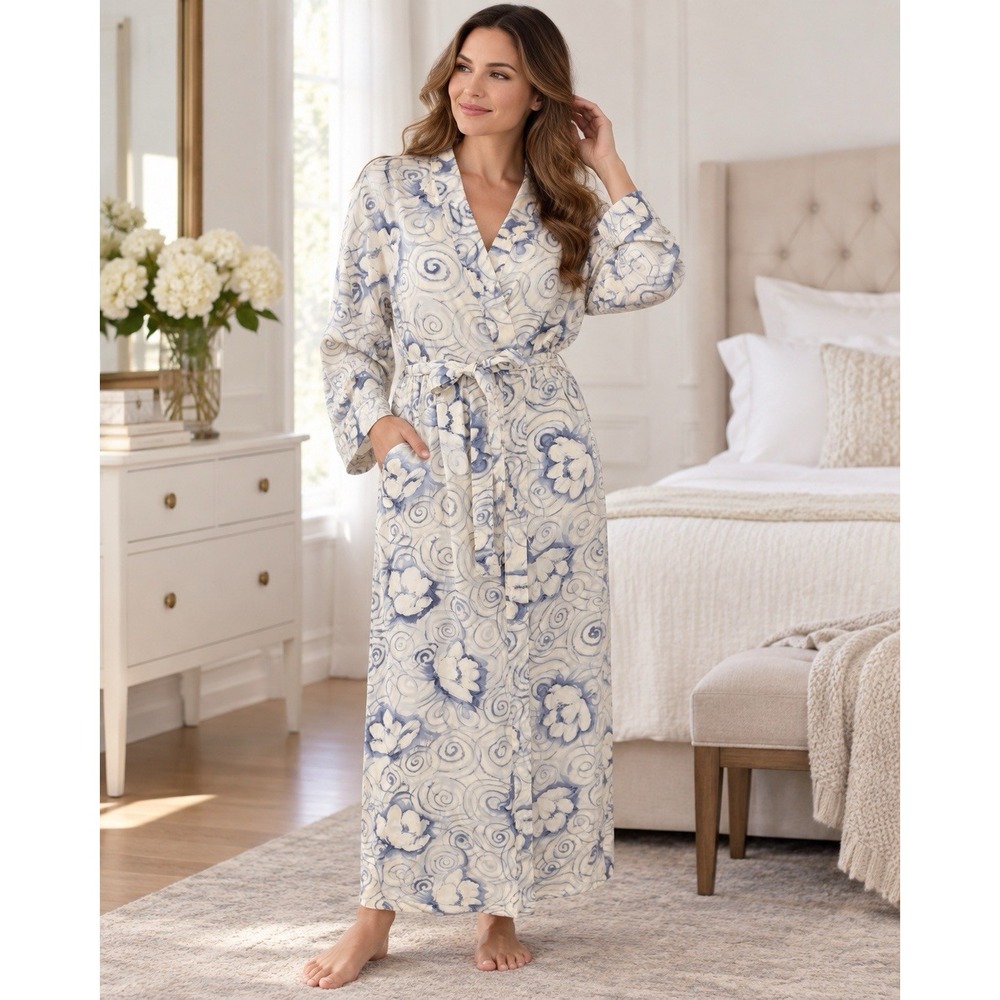 HALSTON Intimates L NWT Blue White Floral Watercolor Long Satin Robe Belted USA